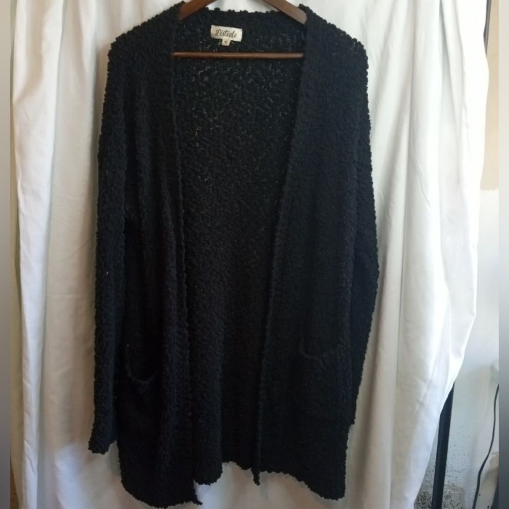 Listicle Large Black Open Knit Front Textured Cardigan Goth Office